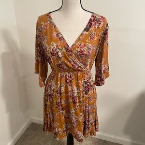 Floral Wrap Dress in Mustard and Pink